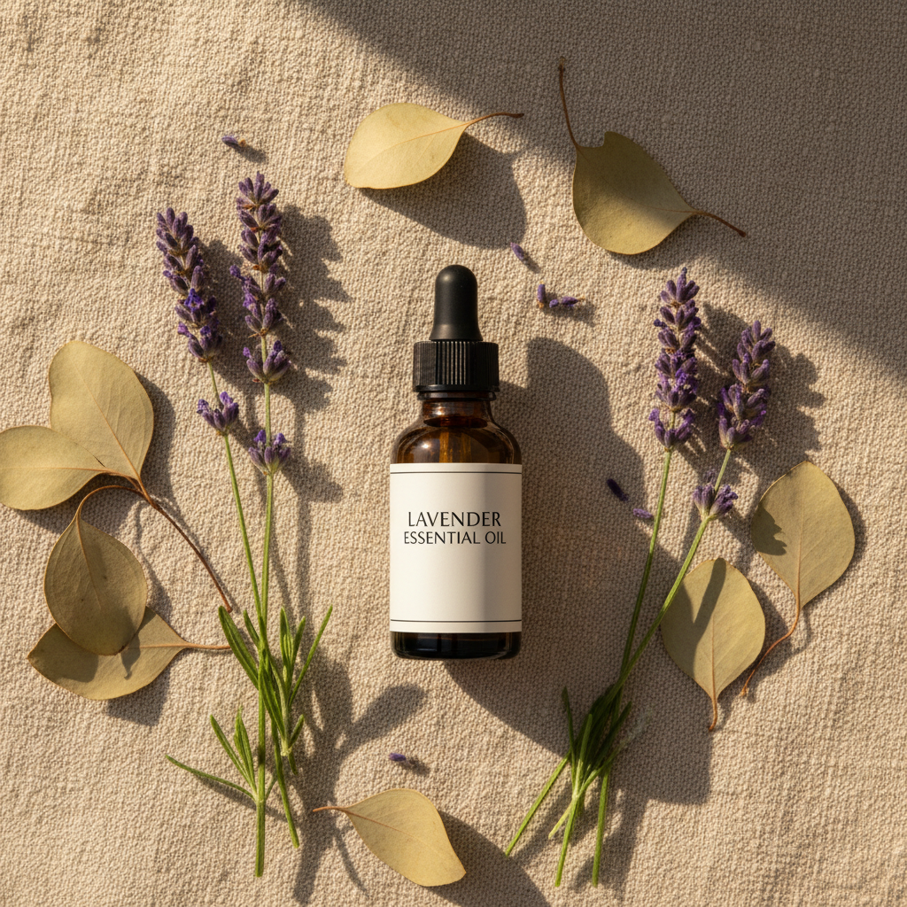 Amber glass bottle of lavender essential oil with fresh lavender sprigs on linen background