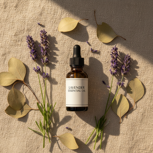 Amber glass bottle of lavender essential oil with fresh lavender sprigs on linen background