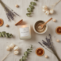 Serenity Gift Set with candle and body scrub on linen background