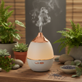 Ultrasonic aroma humidifier with soft mist on wooden surface surrounded by plants